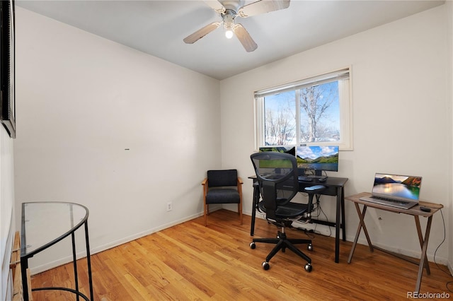 office space featuring a ceiling fan, light wood-style floors, and baseboards