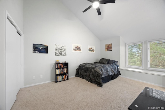 23551 Genesee Village Rd Unit H, Golden, CO 80401 - carpeted bedroom with baseboards, a ceiling fan, and high vaulted ceiling