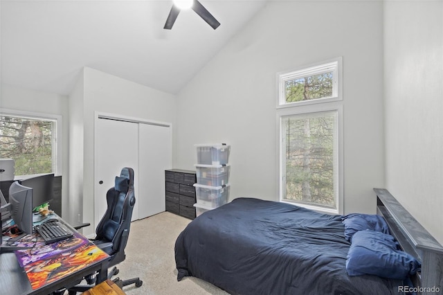 23551 Genesee Village Rd Unit H, Golden, CO 80401 - bedroom featuring carpet, high vaulted ceiling, a closet, an office area, and a ceiling fan