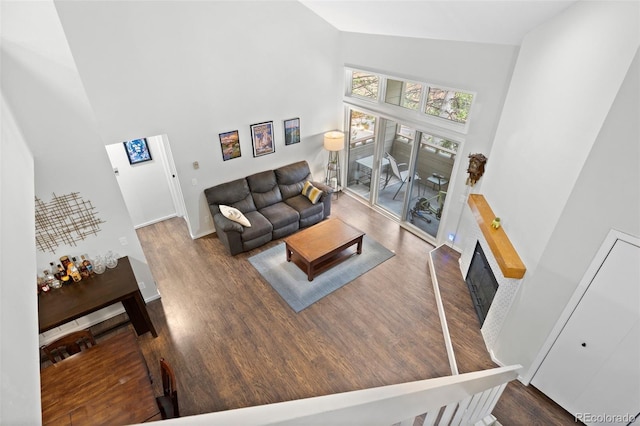 23551 Genesee Village Rd Unit H, Golden, CO 80401 - living area featuring high vaulted ceiling, wood finished floors, a glass covered fireplace, and baseboards