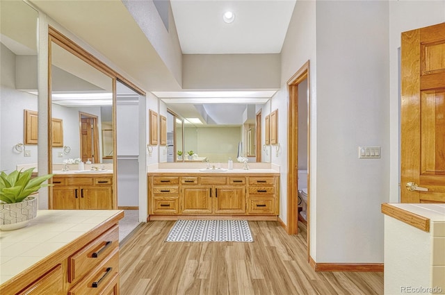 bathroom with toilet, hardwood / wood-style floors, and vanity