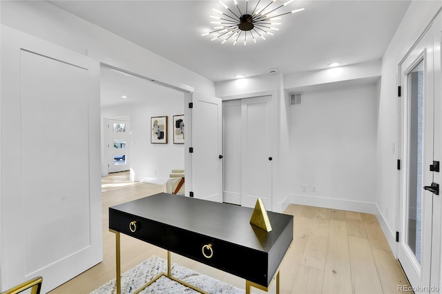 home office featuring light wood-type flooring, a chandelier, baseboards, and recessed lighting