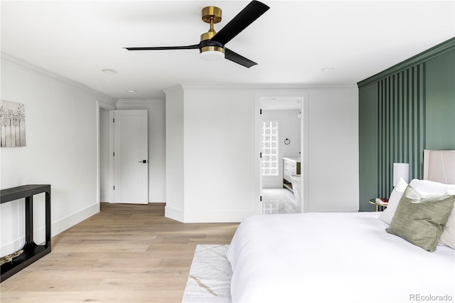 3930 S Hillcrest Dr, Denver, CO 80237 - bedroom featuring ornamental molding, light wood-style floors, baseboards, ceiling fan, and recessed lighting