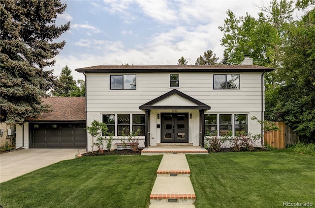 3930 S Hillcrest Dr, Denver, CO 80237 - view of front of home with concrete driveway, a chimney, an attached garage, and a shingled roof