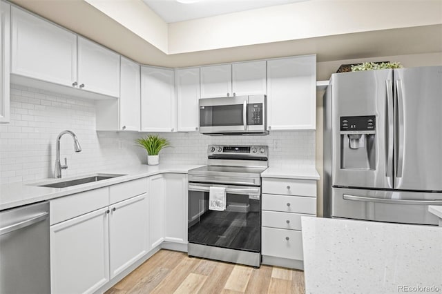 kitchen featuring white cabinets, backsplash, stainless steel appliances, and sink