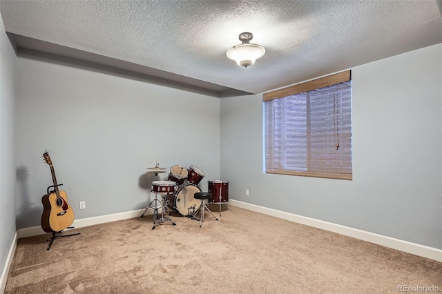 interior space with carpet flooring and a textured ceiling