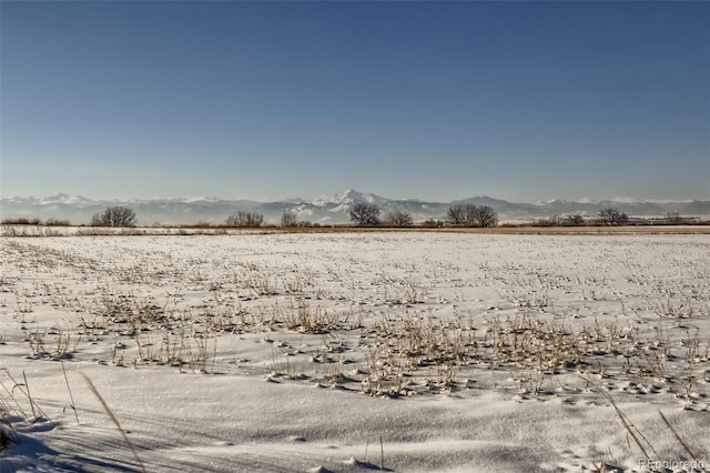 yard covered in snow with a mountain view