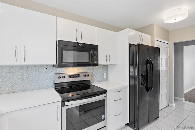 2973 Mesa Rd Unit C, Colorado Springs, CO 80904 - kitchen with black appliances, light countertops, white cabinets, backsplash, and light tile patterned flooring