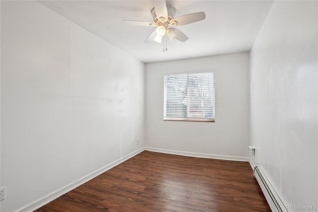 unfurnished room featuring a baseboard heating unit, dark wood-type flooring, ceiling fan, and baseboards