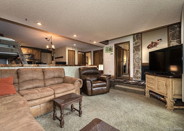 carpeted living room featuring a textured ceiling and an inviting chandelier