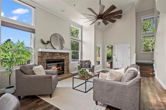 4219 Morning Star Dr, Castle Rock, CO 80108 - living room with crown molding, high vaulted ceiling, a ceiling fan, wood finished floors, and a stone fireplace
