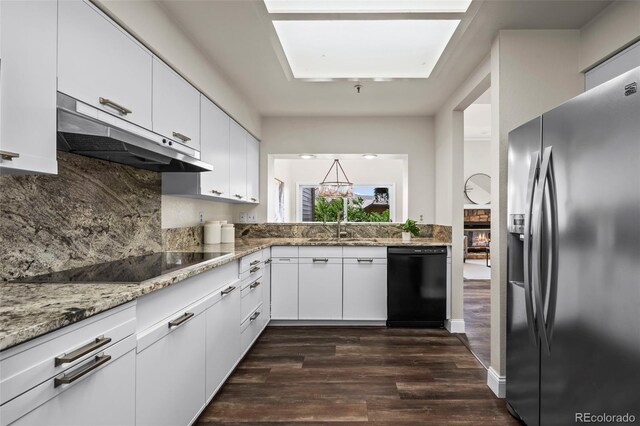 4219 Morning Star Dr, Castle Rock, CO 80108 - kitchen featuring black appliances, under cabinet range hood, dark wood-style flooring, light stone counters, and decorative backsplash