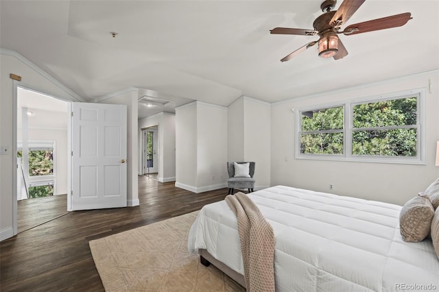 4219 Morning Star Dr, Castle Rock, CO 80108 - bedroom featuring multiple windows, vaulted ceiling, dark wood-type flooring, crown molding, and ceiling fan