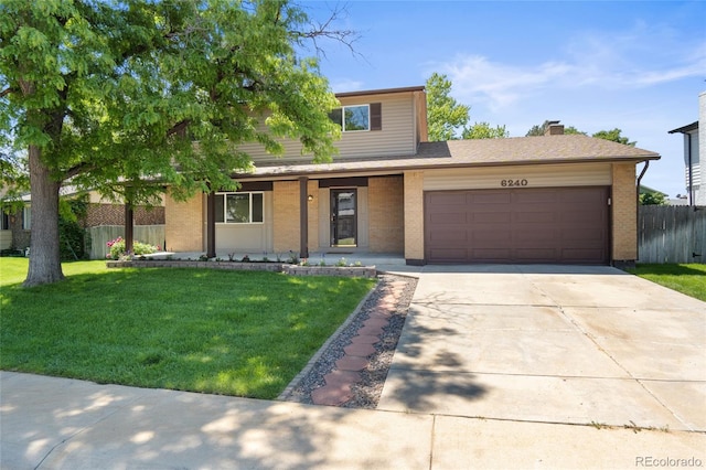 6240 W 110th Pl, Westminster, CO 80020 - traditional home with an attached garage, concrete driveway, brick siding, and a chimney