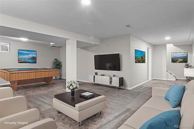 6240 W 110th Pl, Westminster, CO 80020 - carpeted living room featuring billiards, recessed lighting, and stairs