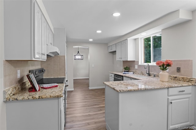 6240 W 110th Pl, Westminster, CO 80020 - kitchen featuring under cabinet range hood, electric range oven, light wood-style flooring, backsplash, and a peninsula