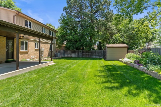 6240 W 110th Pl, Westminster, CO 80020 - fenced backyard featuring a storage shed and a patio area