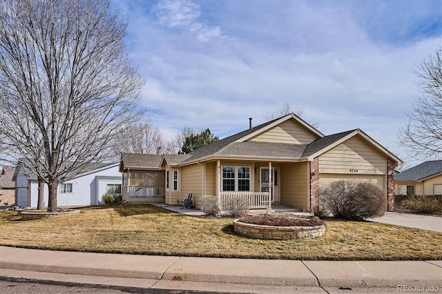 ranch-style house with a porch and a garage