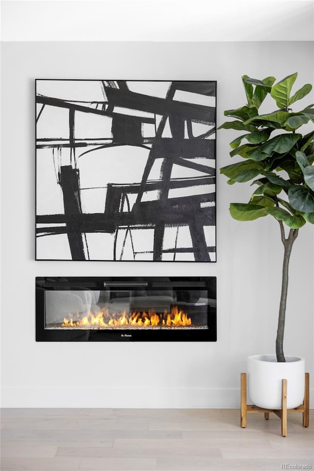 room details featuring a glass covered fireplace, baseboards, and wood finished floors