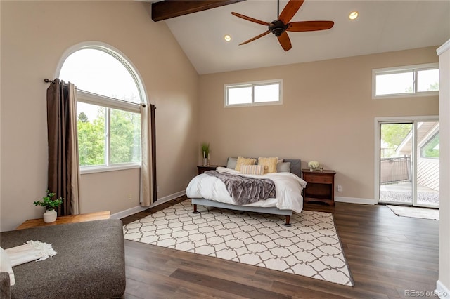8160 W Phillips Ave, Littleton, CO 80128 - bedroom with high vaulted ceiling, access to outside, multiple windows, beamed ceiling, and recessed lighting