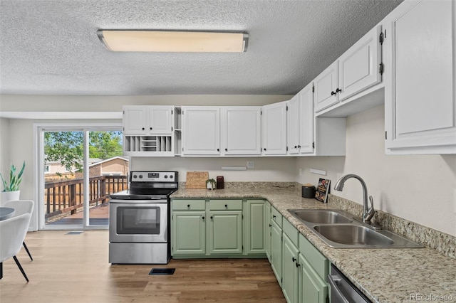 818 Don Juan Ct, Colorado Springs, CO 80909 - kitchen with appliances with stainless steel finishes, a sink, white cabinets, wood finished floors, and a textured ceiling