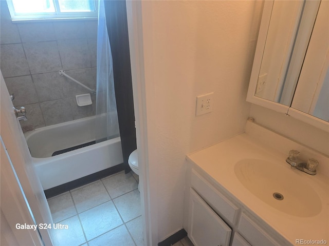 full bathroom with vanity, tile patterned flooring, toilet, and shower / tub combination