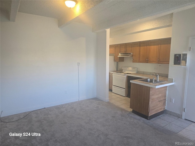 590 N Logan St Unit 303, Denver, CO 80203 - kitchen with white electric range oven, a sink, a textured ceiling, under cabinet range hood, and light countertops