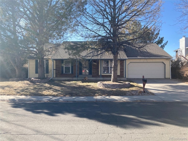 view of front of property featuring concrete driveway, brick siding, roof with shingles, and an attached garage