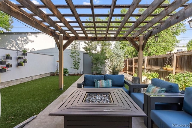 2420 S Gilpin St, Denver, CO 80210 - fenced backyard with an outdoor living space with a fire pit and a pergola