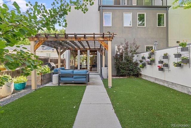 2420 S Gilpin St, Denver, CO 80210 - rear view of house with outdoor lounge area, a pergola, a patio, and stucco siding