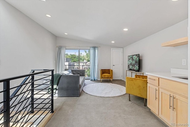 2420 S Gilpin St, Denver, CO 80210 - sitting room featuring vaulted ceiling, an upstairs landing, light colored carpet, and recessed lighting