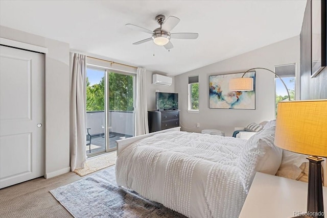 2420 S Gilpin St, Denver, CO 80210 - carpeted bedroom with a wall unit AC, access to outside, vaulted ceiling, and a ceiling fan