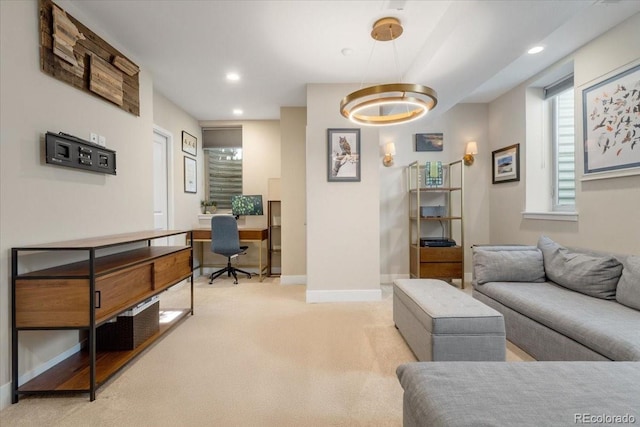 2420 S Gilpin St, Denver, CO 80210 - living area with light carpet, a desk, and recessed lighting