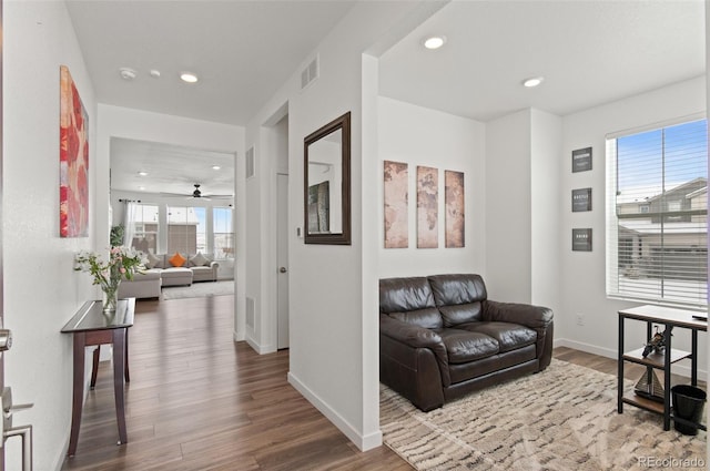 hallway featuring a wealth of natural light and hardwood / wood-style floors