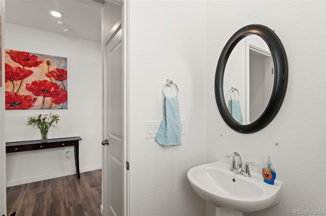 bathroom with wood-type flooring and sink