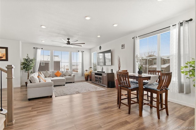 dining room featuring ceiling fan and light hardwood / wood-style floors