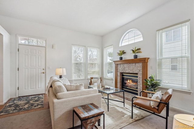 living room with a fireplace