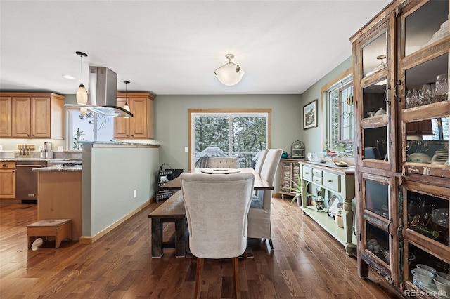 2857 Hiwan Dr, Evergreen, CO 80439 - dining room featuring dark wood-type flooring, a healthy amount of sunlight, baseboards, and recessed lighting