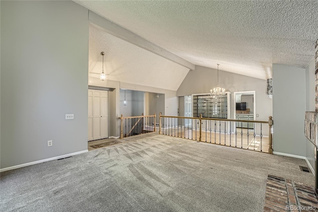 8164 Flower Cir, Arvada, CO 80005 - empty room with lofted ceiling, a chandelier, carpet floors, baseboards, and a textured ceiling