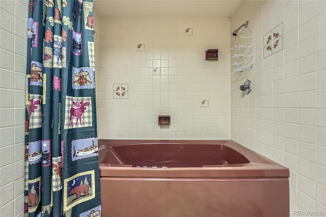 8164 Flower Cir, Arvada, CO 80005 - full bathroom featuring tile walls, a bath, and curtained shower