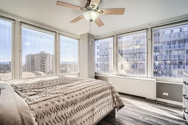 bedroom with baseboards, ceiling fan, a city view, radiator heating unit, and wood finished floors