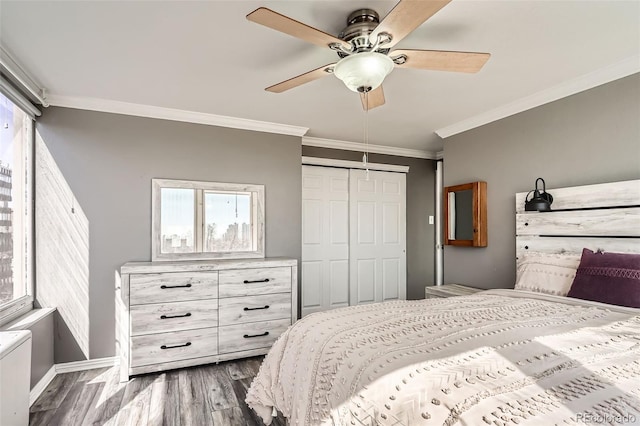 bedroom with dark wood-type flooring, a closet, crown molding, baseboards, and ceiling fan