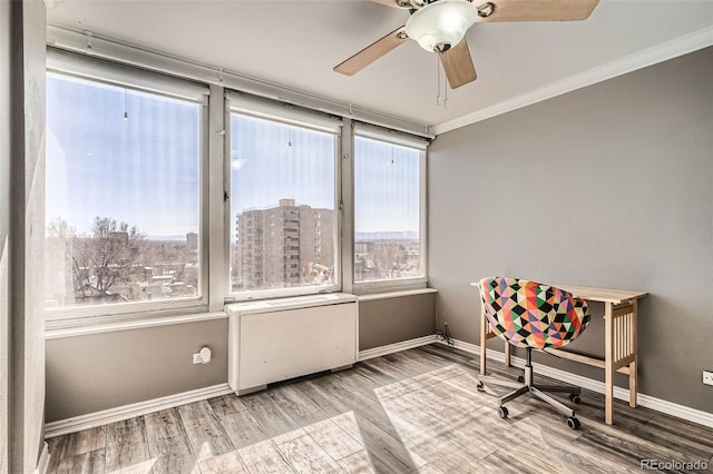 interior space with a view of city, wood finished floors, crown molding, baseboards, and ceiling fan