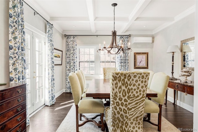 dining space with an AC wall unit, dark hardwood / wood-style flooring, beamed ceiling, and coffered ceiling