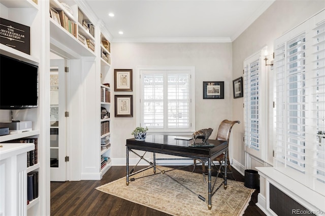 office area featuring dark hardwood / wood-style flooring and ornamental molding