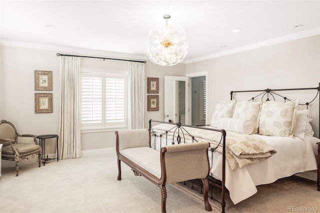 carpeted bedroom featuring crown molding and a chandelier