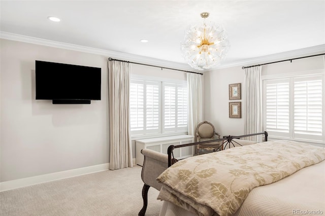 carpeted bedroom featuring ornamental molding and a chandelier