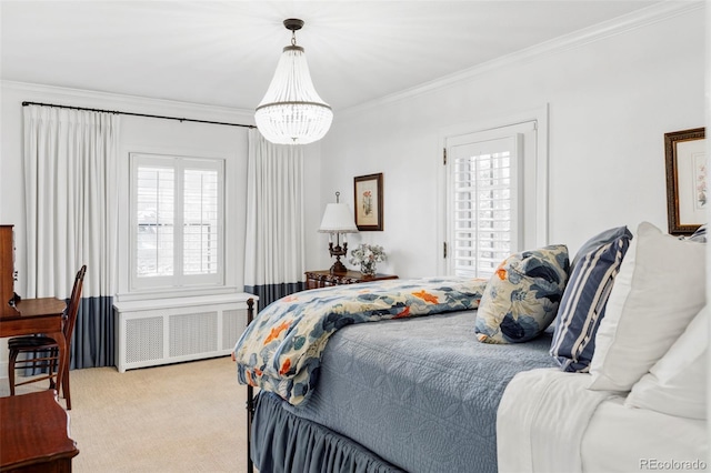 carpeted bedroom with crown molding, radiator heating unit, and a chandelier