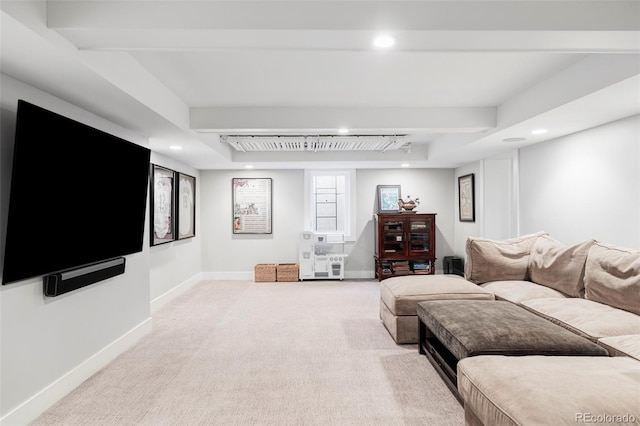 living room featuring light carpet