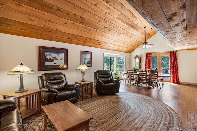 688 Obsidian Dr, Florissant, CO 80816 - living room with wood ceiling, healthy amount of natural light, hardwood / wood-style floors, lofted ceiling, and ceiling fan